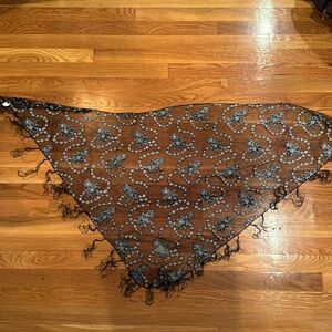 Thin Floral Black & Silver Waist Cover Up with fringes on the edges like new